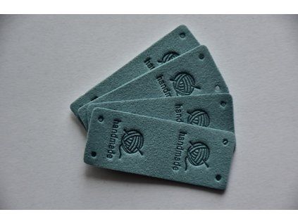 Koženkový štítek půlený Hand made klubko 5x2cm tmavý tyrkys