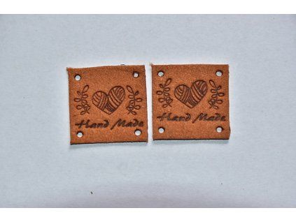 Koženkový štítek čtverec srdce Hand made 2,5x2,5cm hnědý
