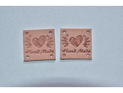 Koženkový štítek čtverec srdce Hand made 2,5x2,5cm starorůžový