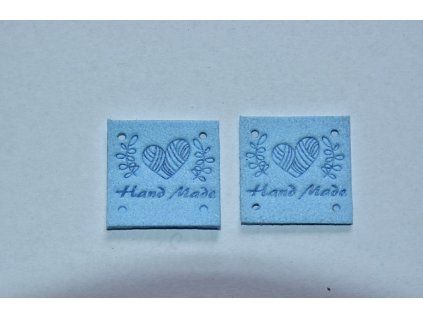 Koženkový štítek čtverec srdce Hand made 2,5x2,5cm světle modrý