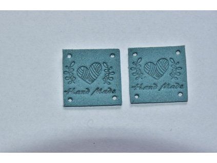 Koženkový štítek čtverec srdce Hand made 2,5x2,5cm tmavý tyrkys