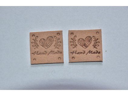 Koženkový štítek čtverec srdce Hand made 2,5x2,5cm béžovo-růžový