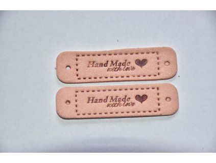 Koženkový štítek Hand made with love 5,5 x 1,5cm starorůžový