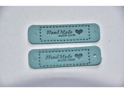 Koženkový štítek Hand made with love 5,5 x 1,5cm tmavý tyrkys