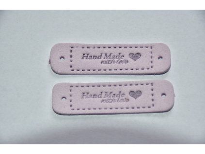 Koženkový štítek Hand made with love 5,5 x 1,5cm světle fialový